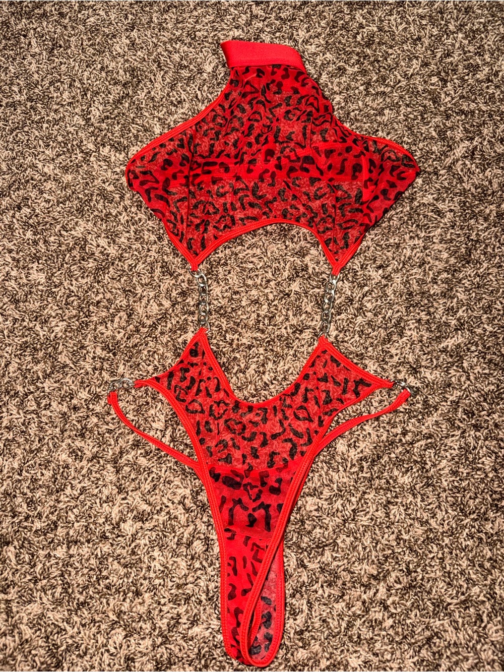 Sexy Red Leopard & Silly Chain 1 Piece Lingerie Bodysuit Mesh Sheer
